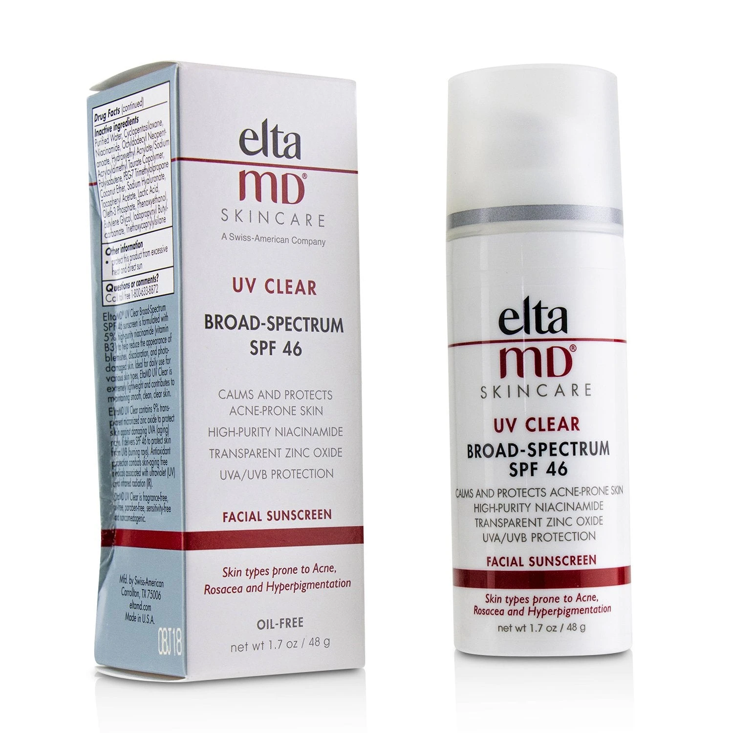 EltaMD UV Clear Facial Sunscreen SPF 46 - For Skin Types Prone To Acne, Rosacea & Hyperpigmentation (Box Slightly Damaged) 48g/1.7oz