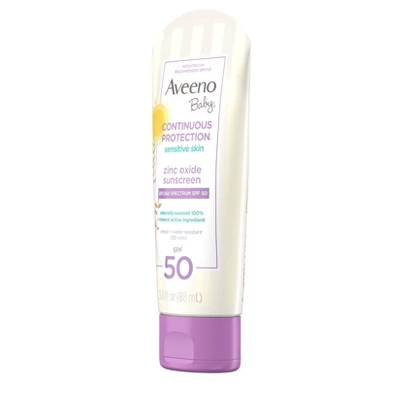 Aveeno Baby Continuous Protection Sensitive Skin Lotion Zinc Oxide Sunscreen, Broad Spectrum SPF 50 - 3 Fl Oz - Image 3